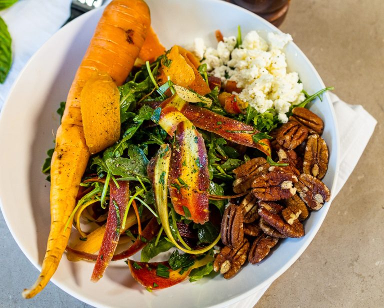 Rainbow carrot salad with goat cheese and pecans