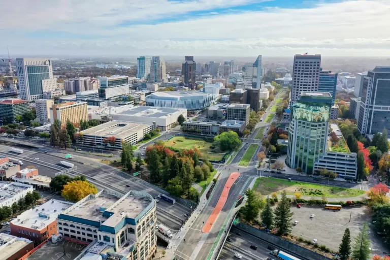 A wide view of the Sacramento city skyline