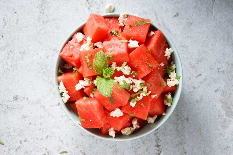 Watermelon and feta salad in a bowl