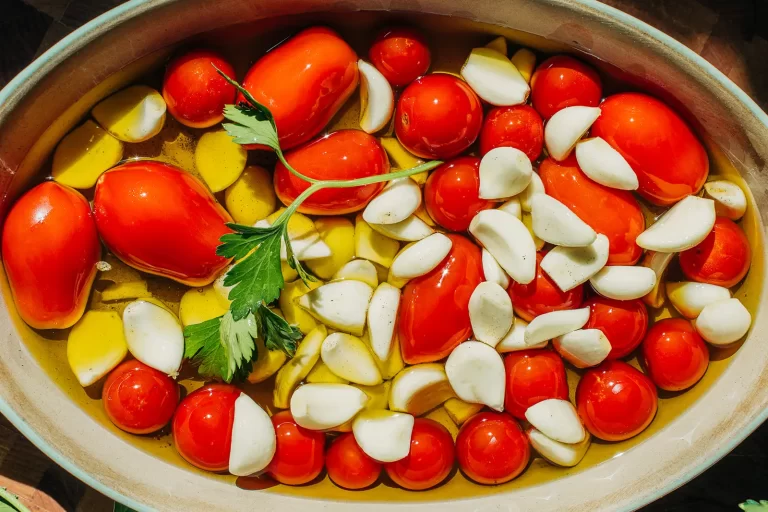 garlic and tomatoes in a baking dish covered in olive oil