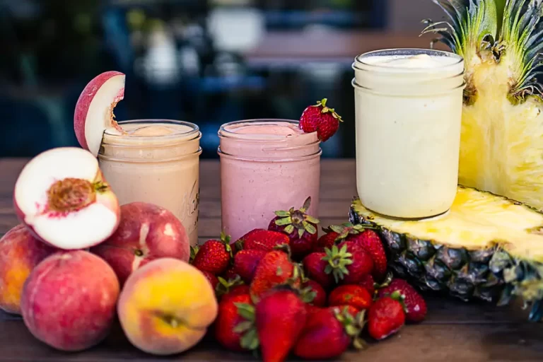 fresh fruit smoothies with pineapple, strawberry and peach