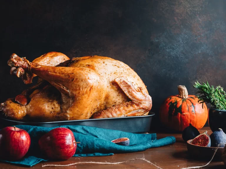 A roasted turkey in a baking pan.
