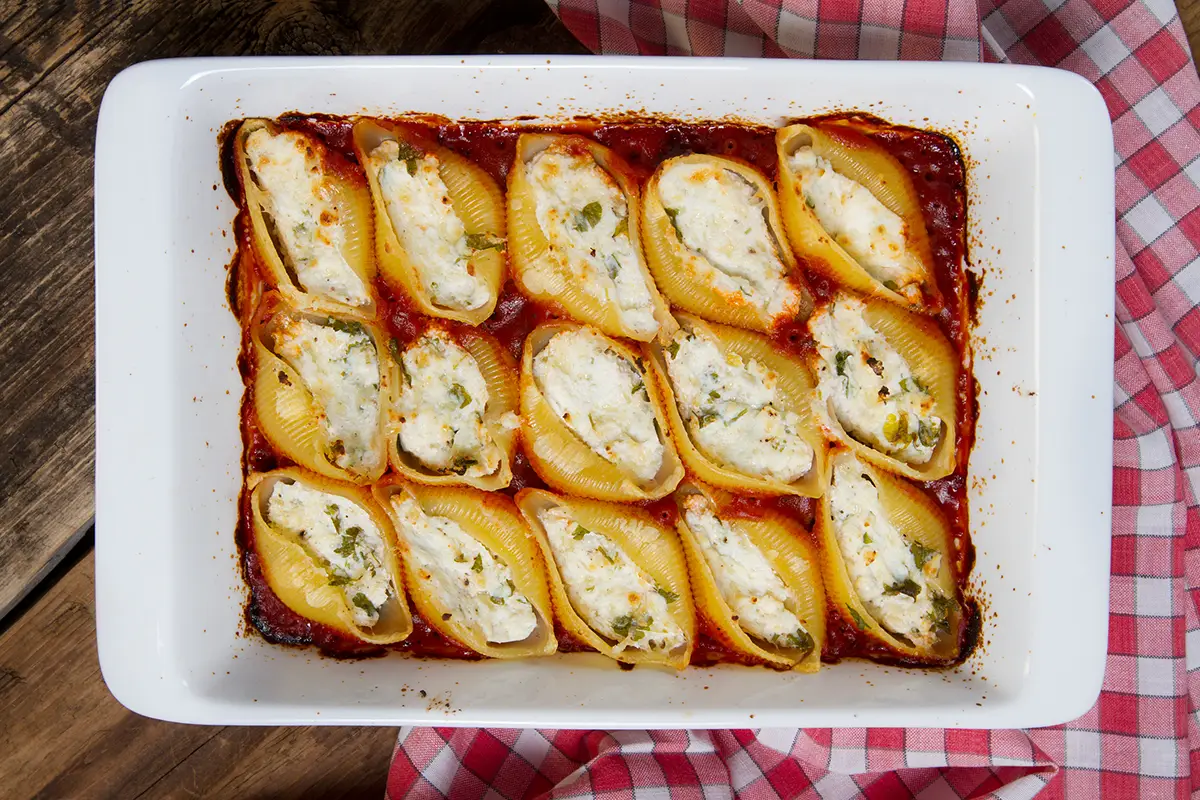 Pasta shells stuffed with ricotta.