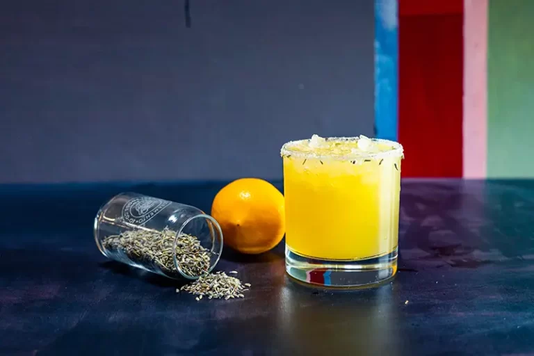 A maragarita in a cocktail glass with lemon.