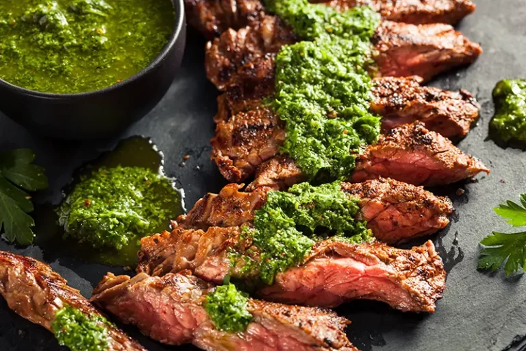 Homemade Cooked Skirt Steak with Chimichurri Sauce and Spices