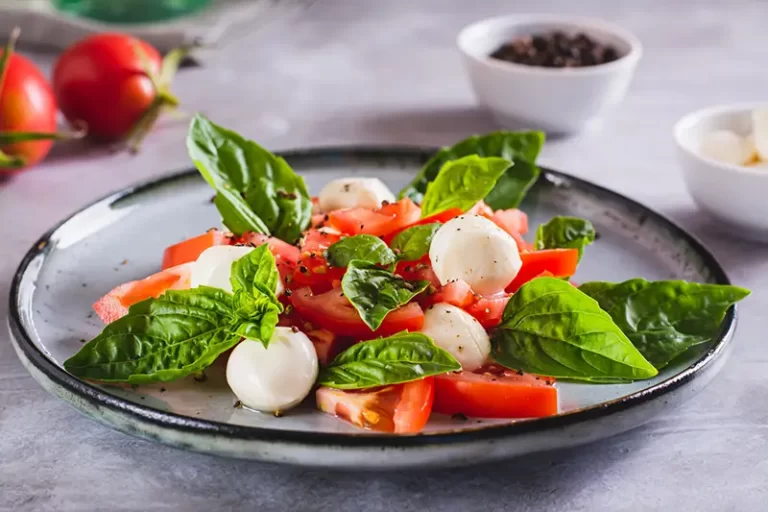 A classic caprese salad with mozzarella and tomatoes.