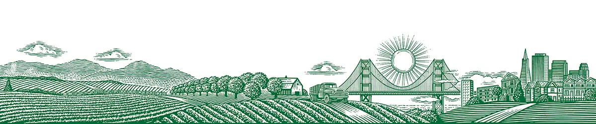 An illustration of the Golden Gate bridge and a farm.
