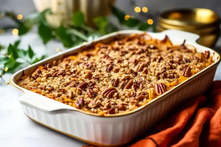 Sweet Potato Casserole in a baking dish with crumbled pecan topping.