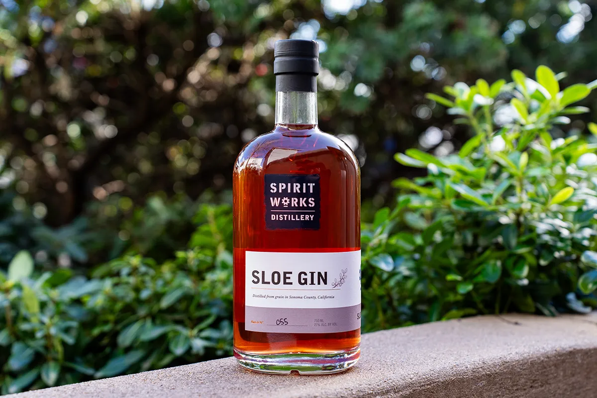 A bottle of Spirit Works Sloe Gin.