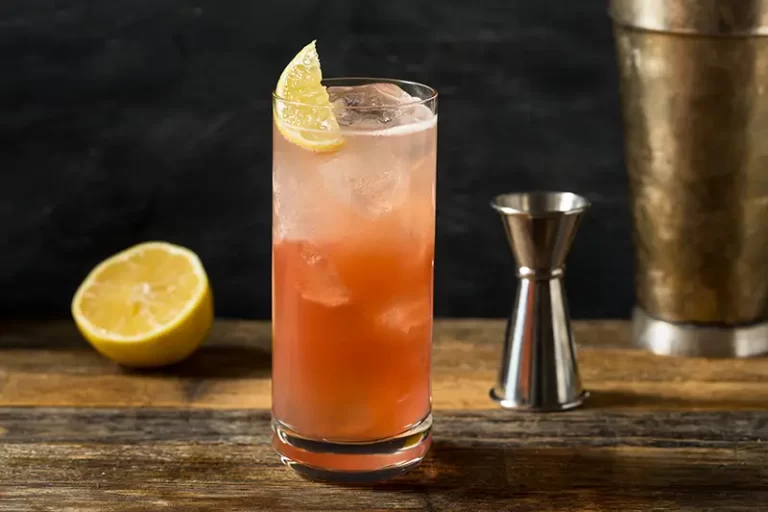 A vibrant cocktail in a tall glass with a slice of citrus.