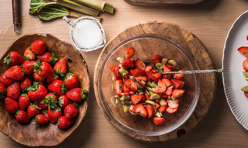 Fresh cut strawberries and rhubarb.