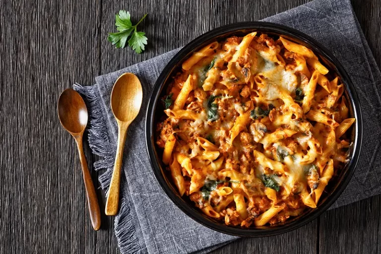Baked pasta served in a dish.